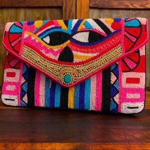 Eye Accented Seed Beaded Clutch/ Crossbody Bag